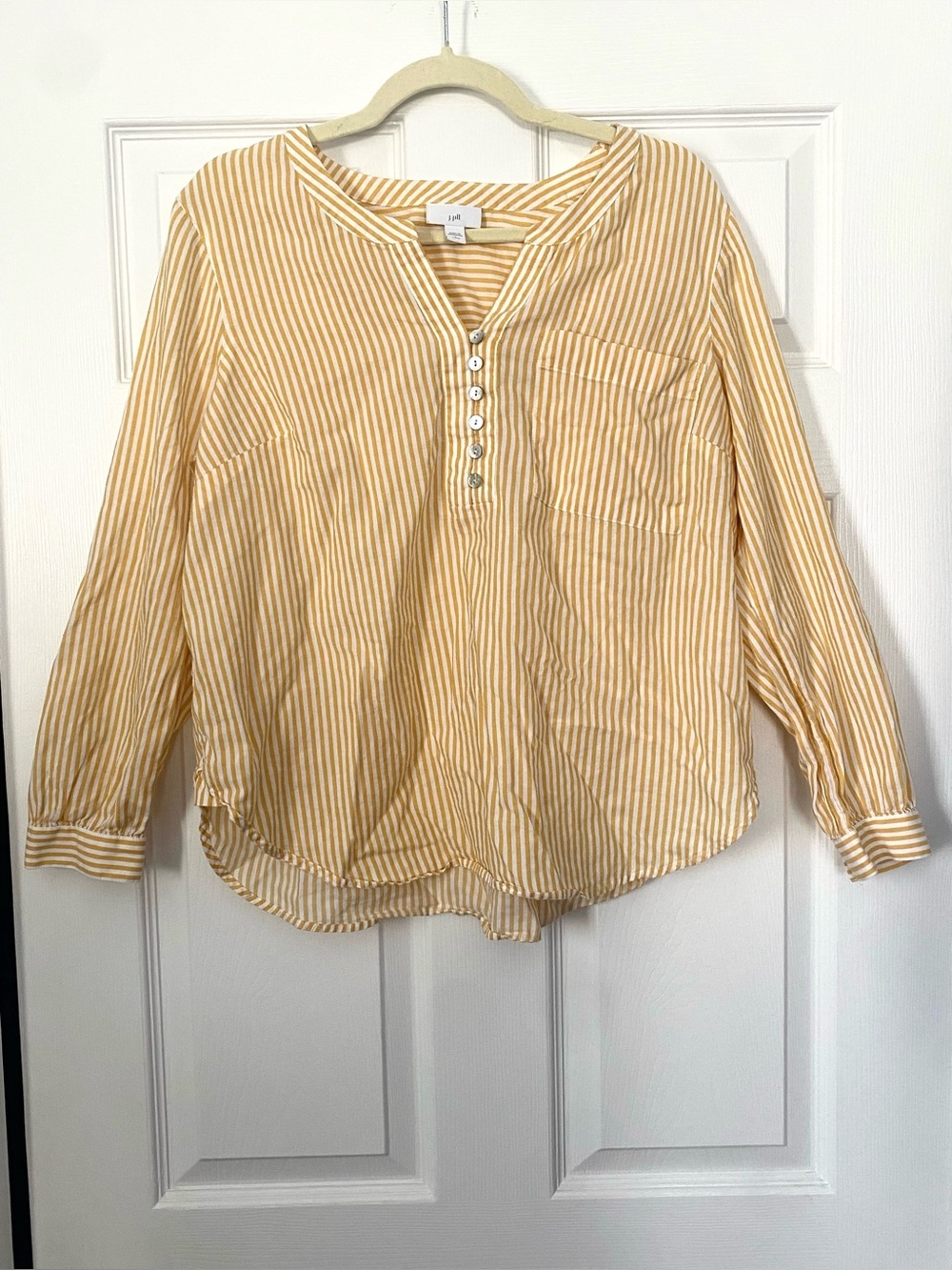 J. Jill Ultra Soft Popover Dandelion Yellow White Stripe Blouse Size Large P